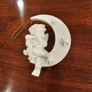 Vintage 1997 Angel Moon Ornament Resin Cherub Playing Flute